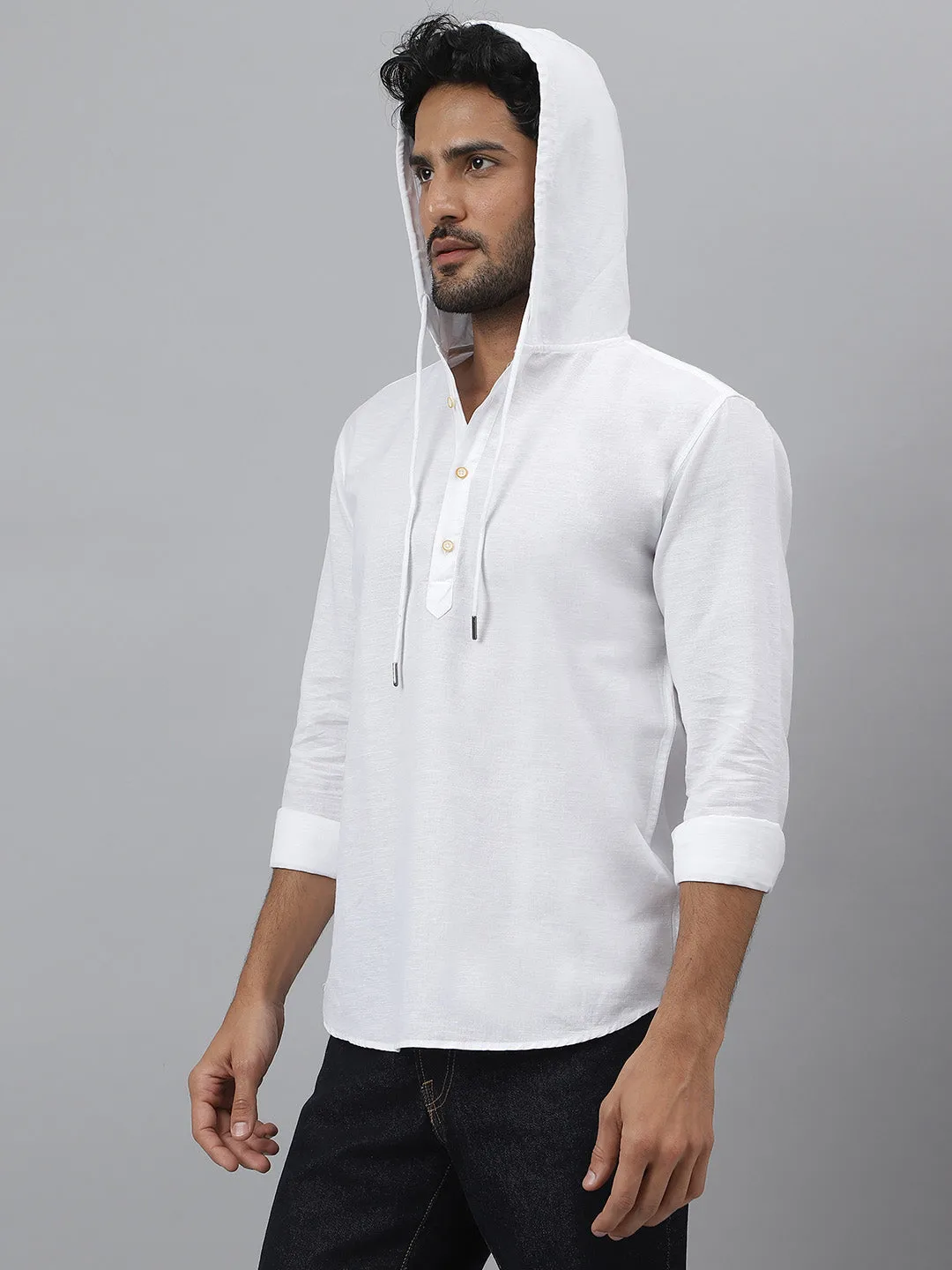 Hoodie Collar Cotton Linen White Kurta - Cloudie