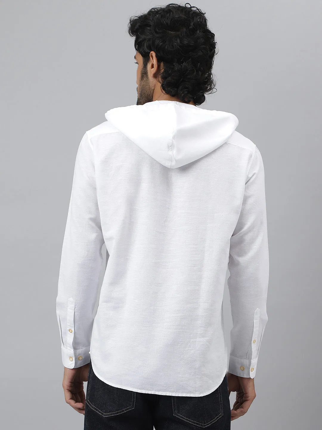 Hoodie Collar Cotton Linen White Kurta - Cloudie