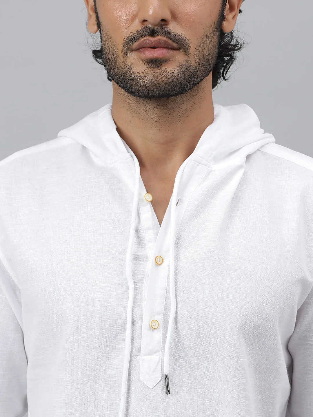 Hoodie Collar Cotton Linen White Kurta - Cloudie