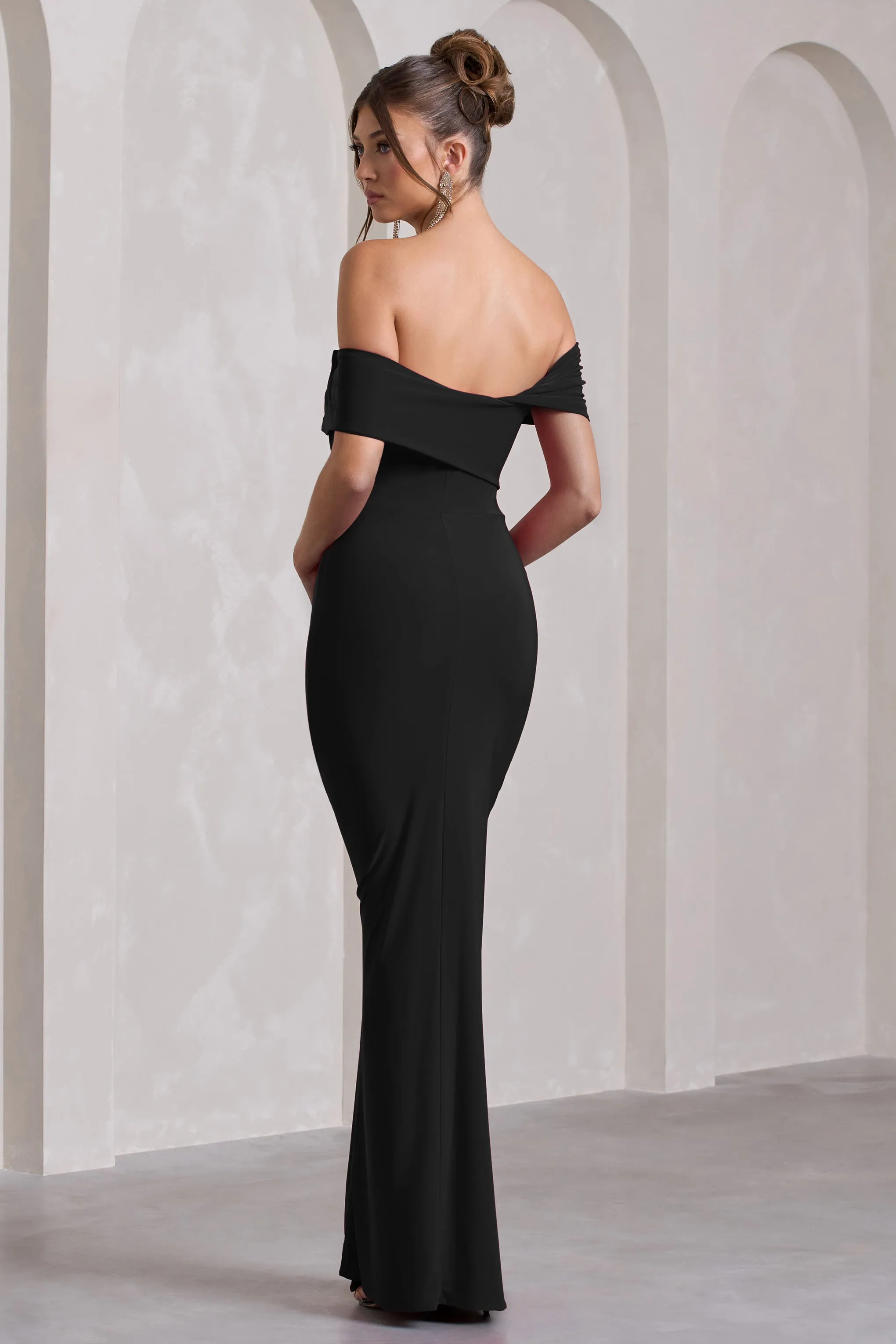 Kara | Black Asymmetric Twisted Bardot Split Maxi Dress