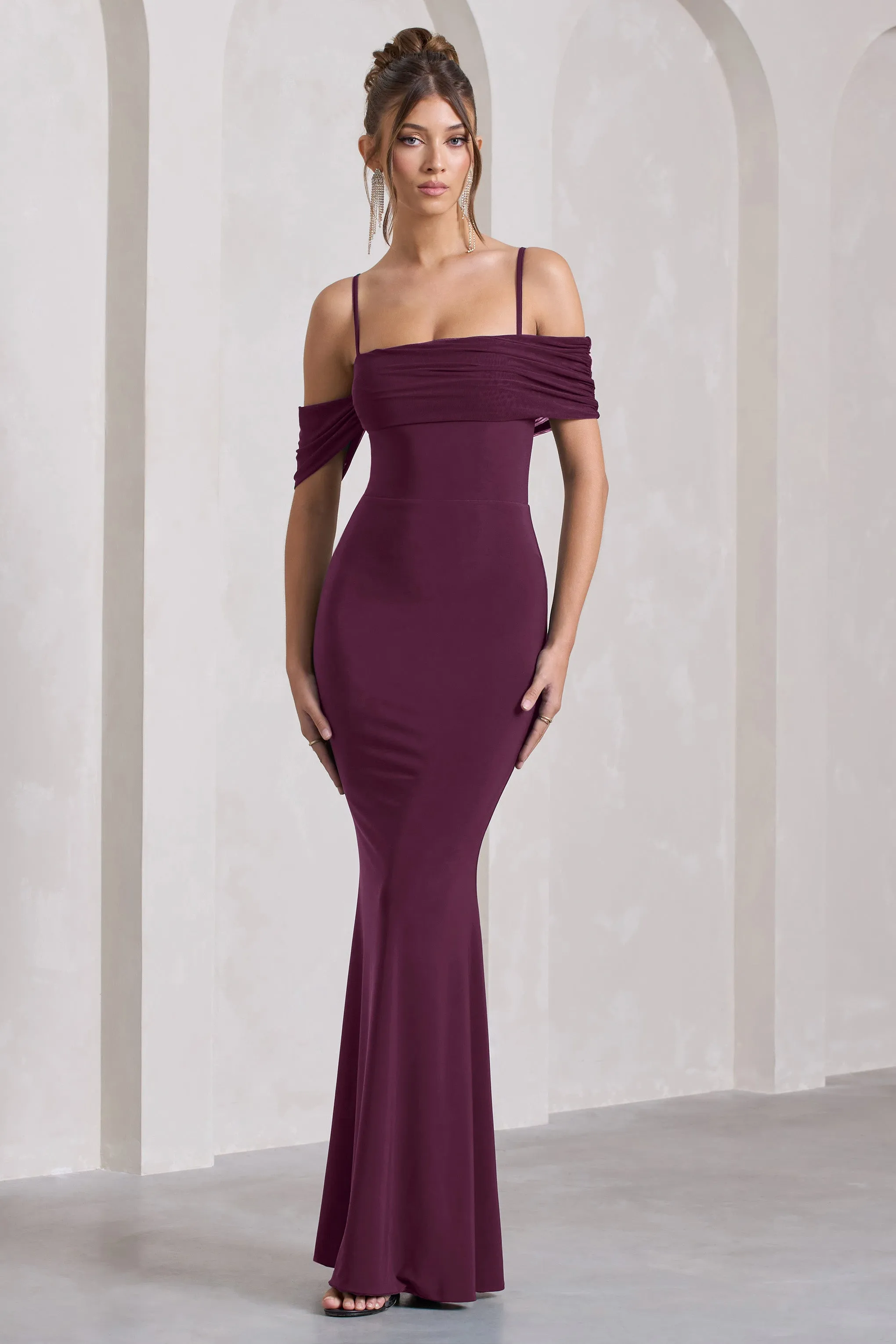 Miracle | Plum Strappy Mesh Bardot Maxi Dress