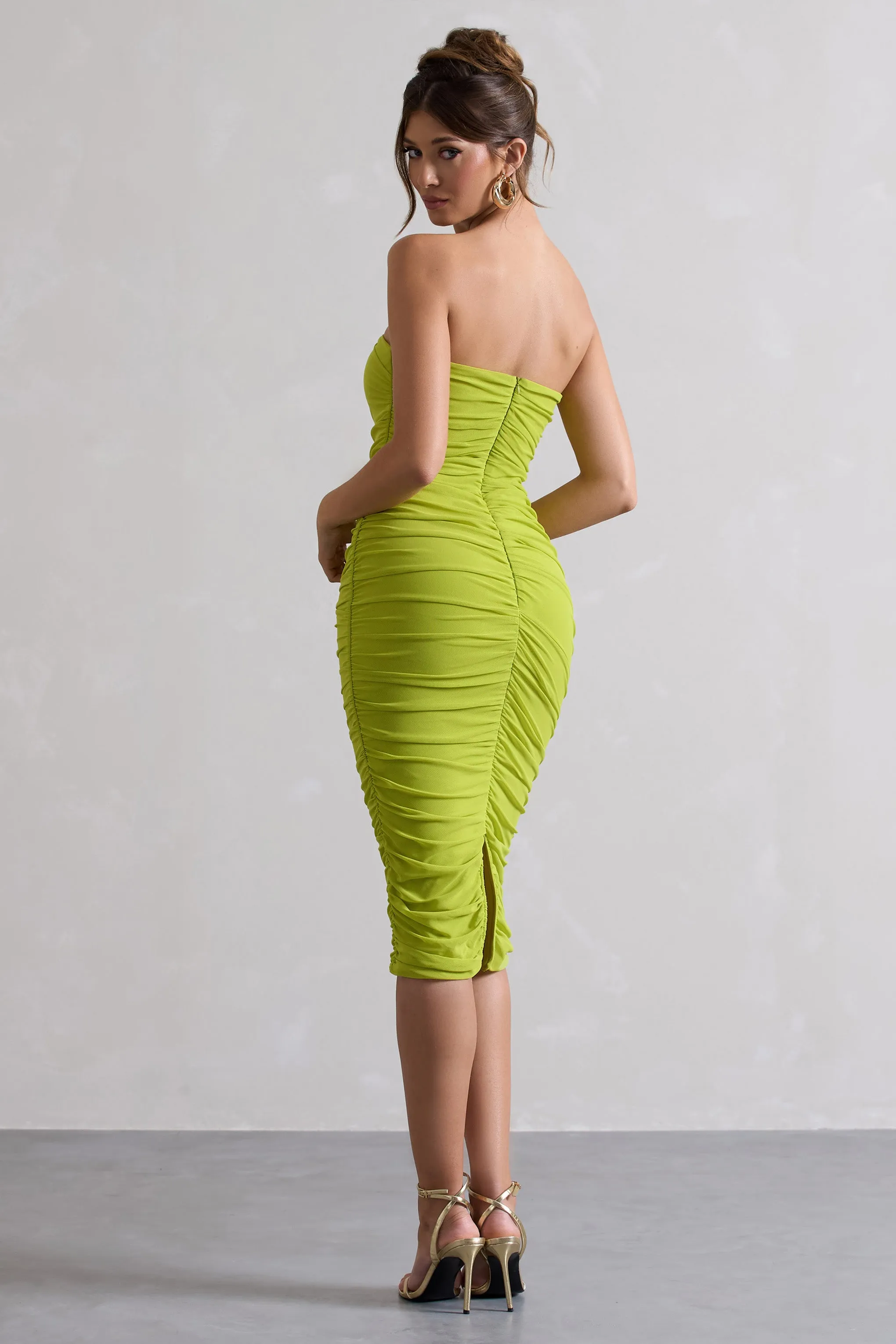 My Girl | Green Strapless Bodycon Ruched Mesh Midi Dress