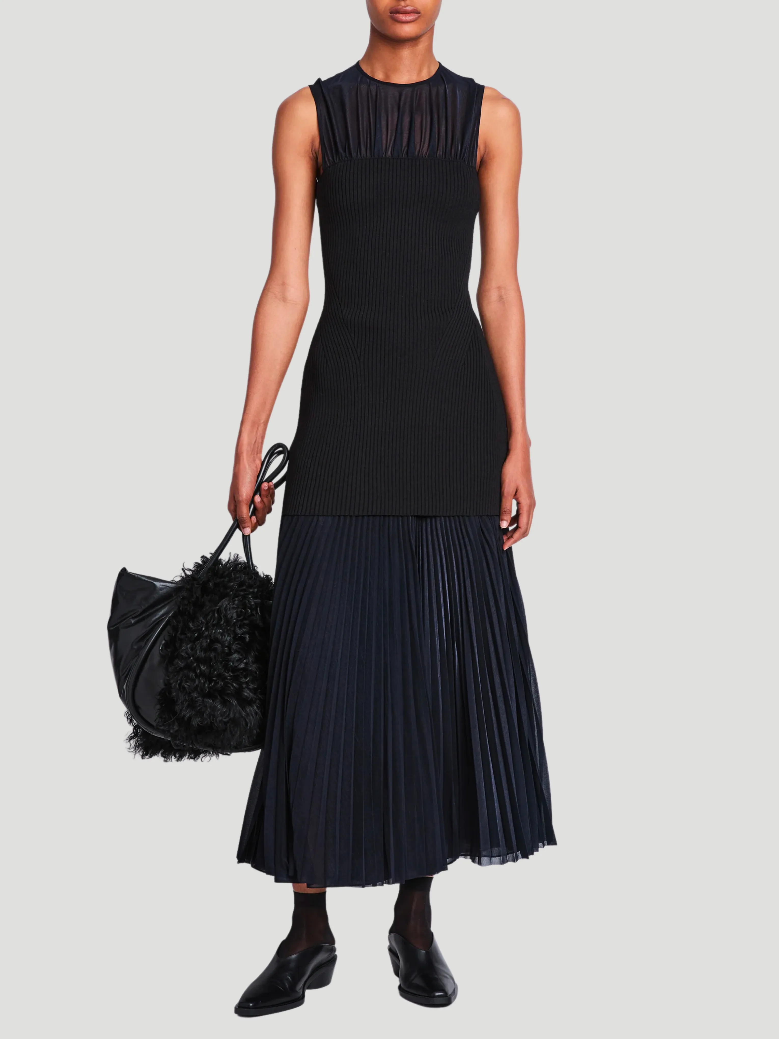 Niki Sheer Pleated Jersey Long Dress with Knit Bodice