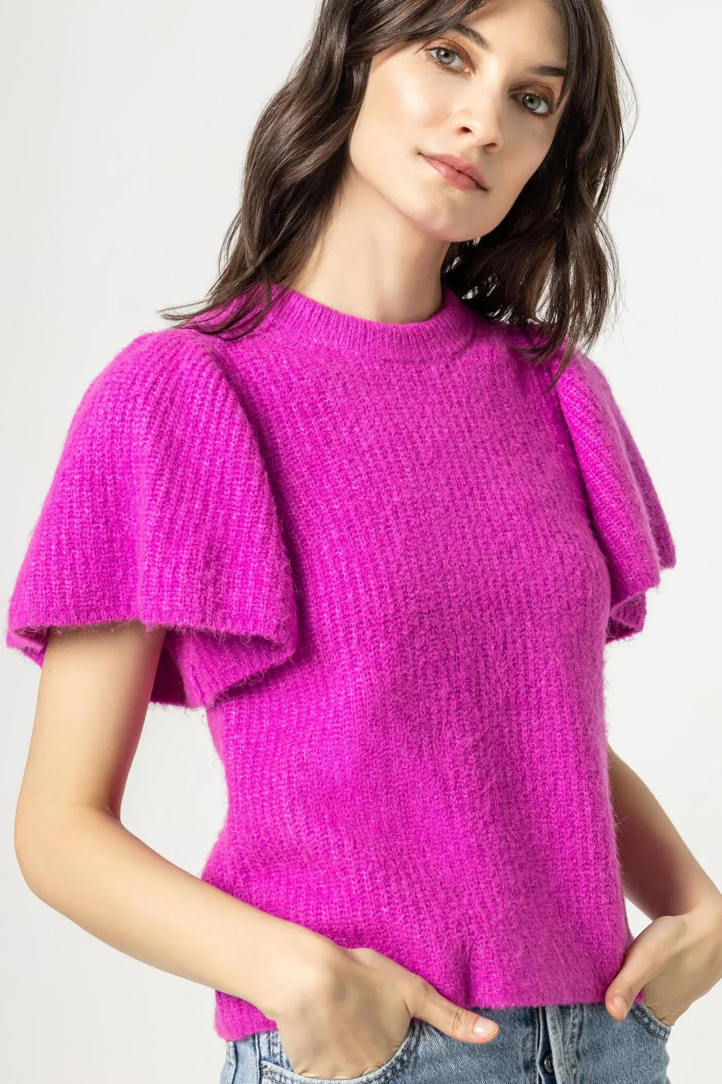 PA2344v Lilla P Flutter Sleeve Crewneck Sweater