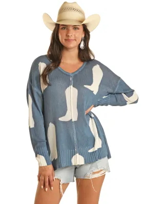 Panhandle Slim Womens Blue Cowboy Boot Sweater