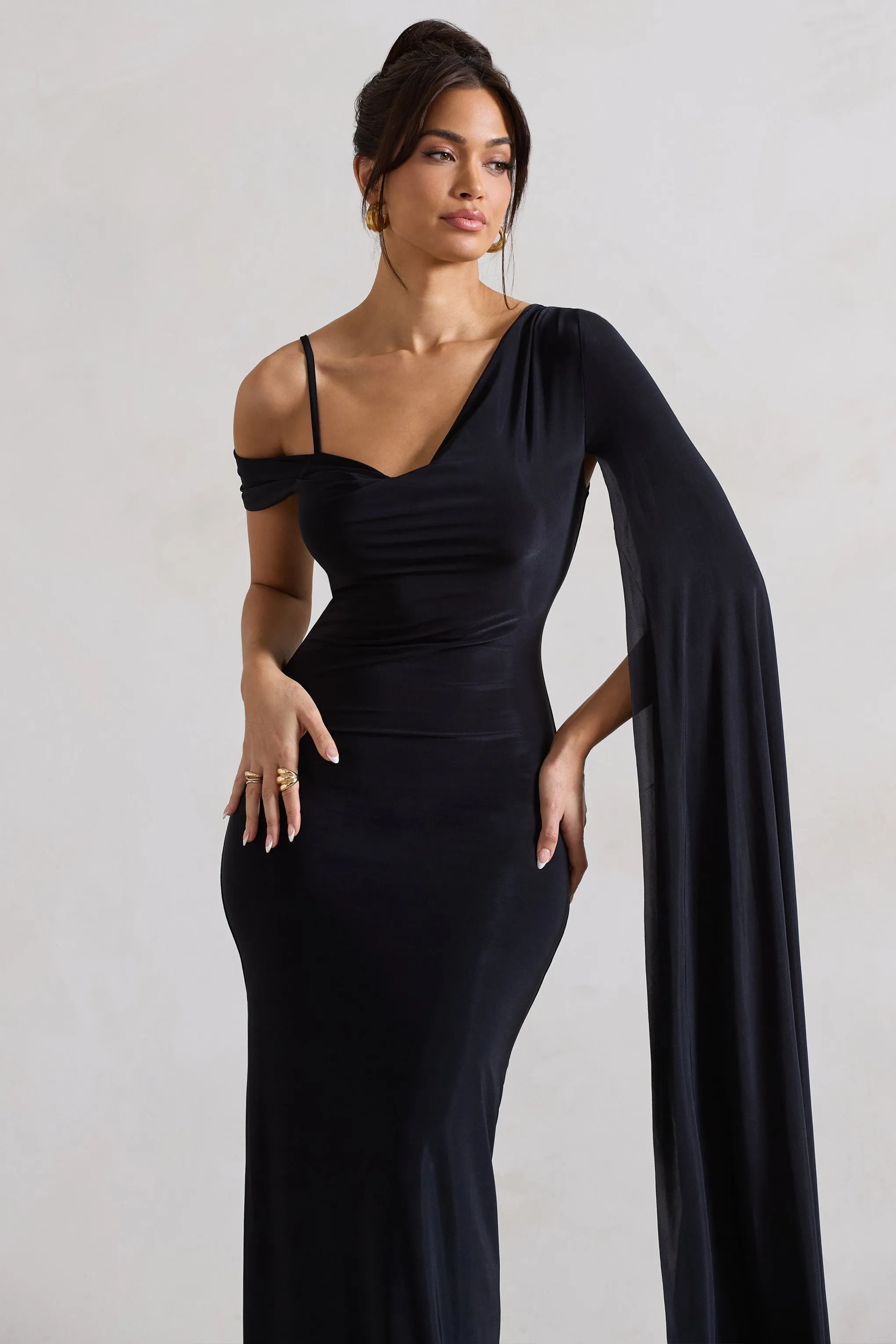 Pedra | Black One Shoulder Cape Sleeve Draped Maxi Dress