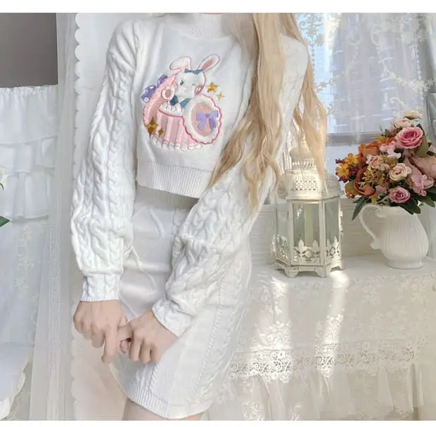 Pinky rabbit sweater one set too long sleeve + skirt cute outfit