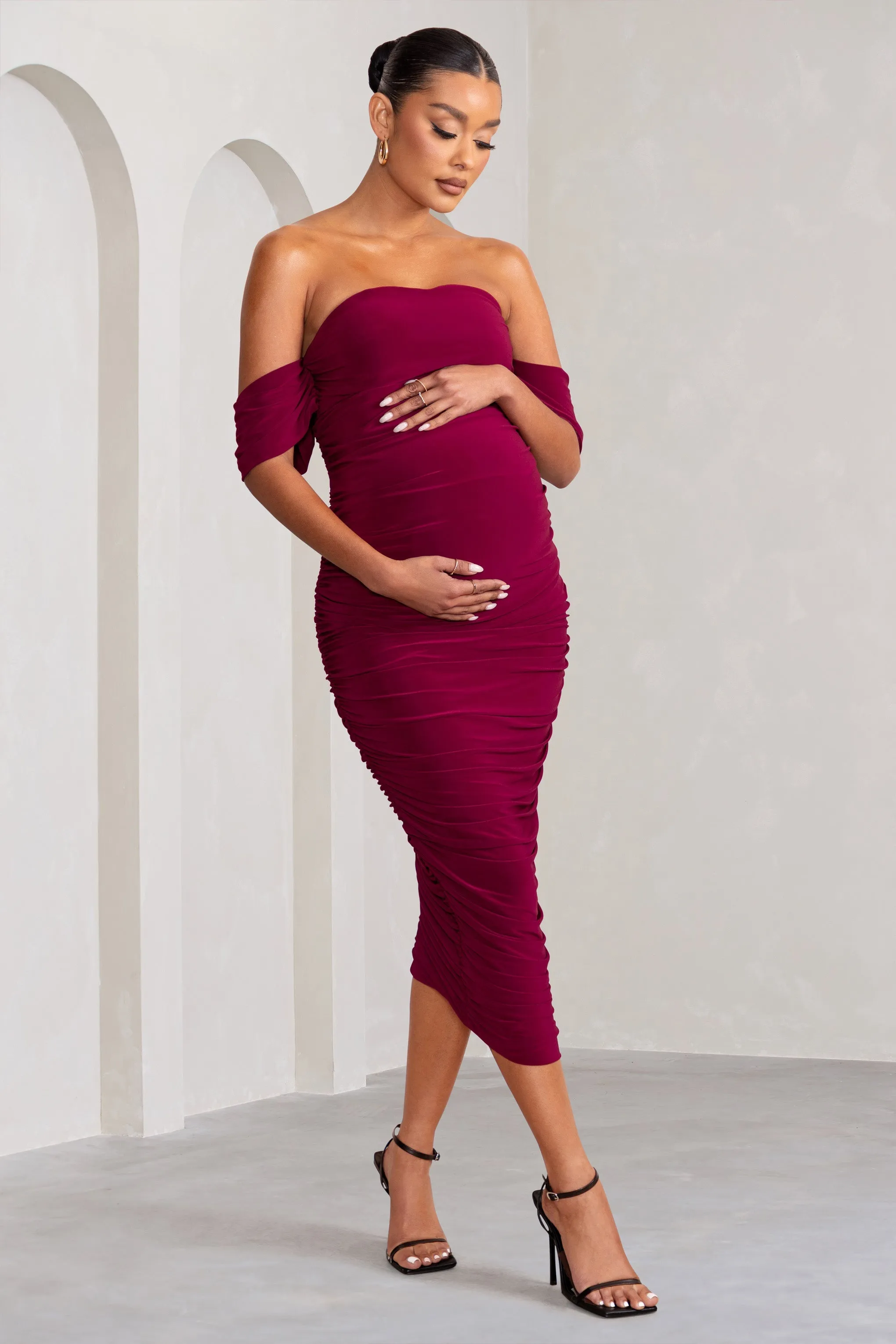 Plus One | Berry Maternity Ruched Bardot Midi Dress