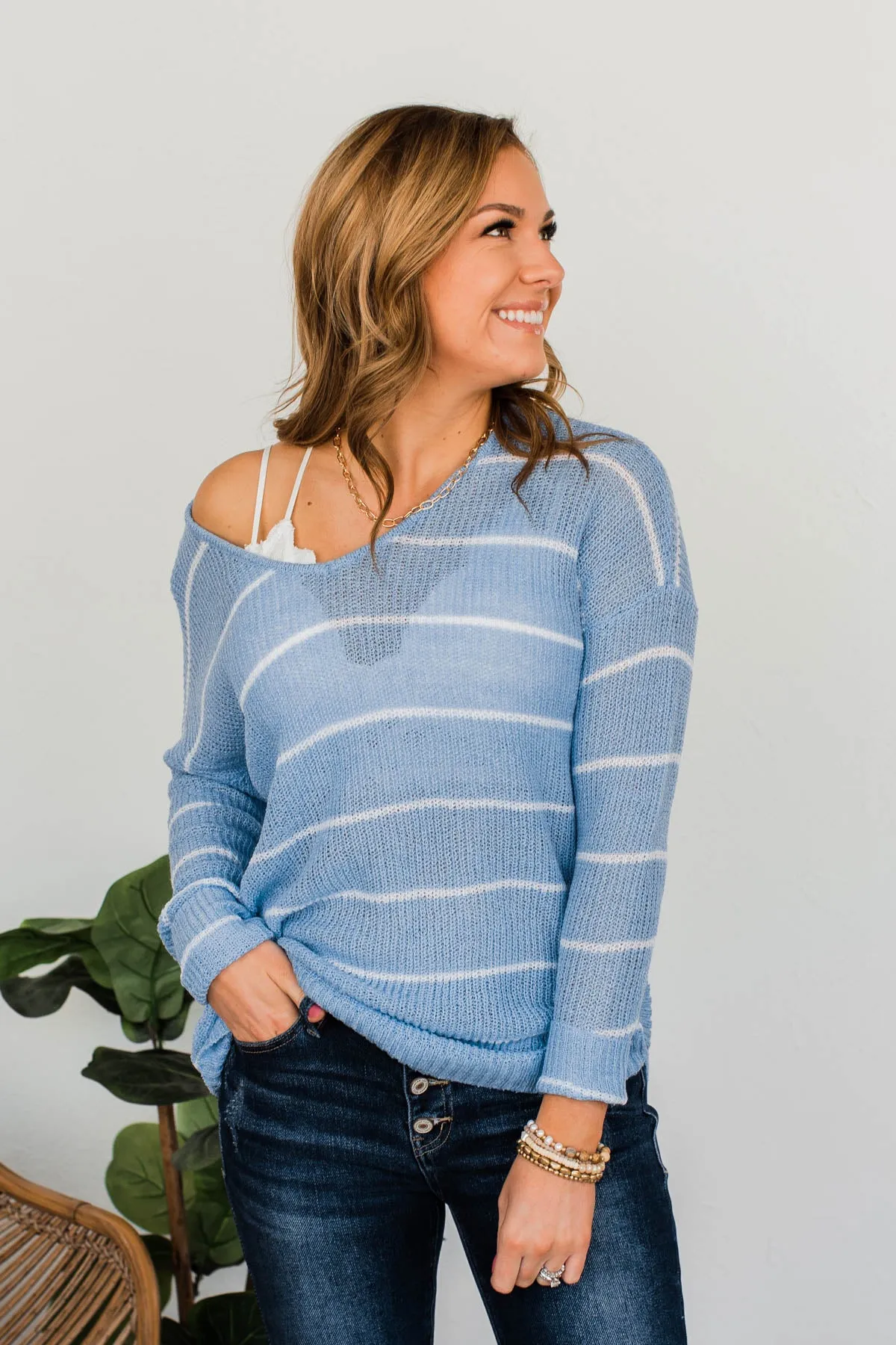 Pot Of Gold Striped Sweater- Light Blue