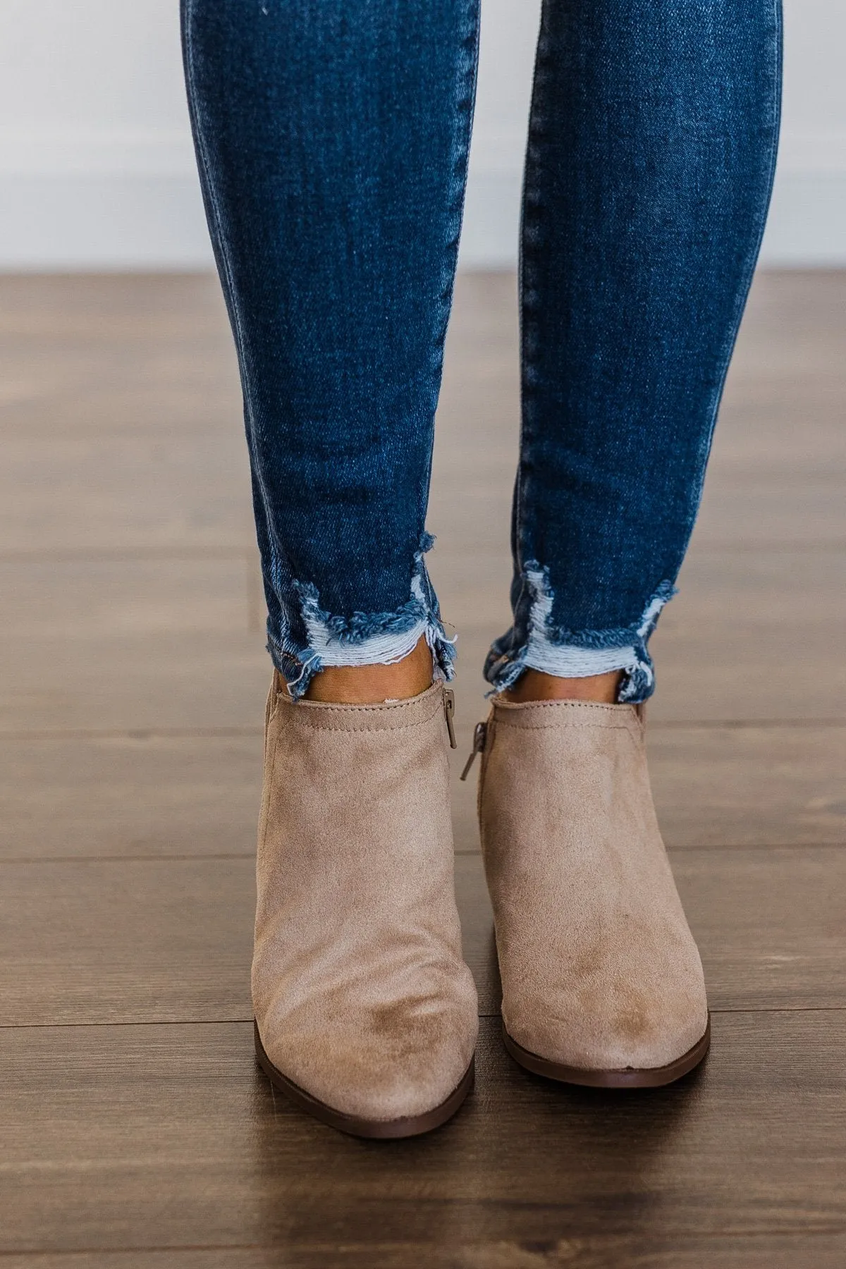 Qupid Rager Booties- Taupe Suede