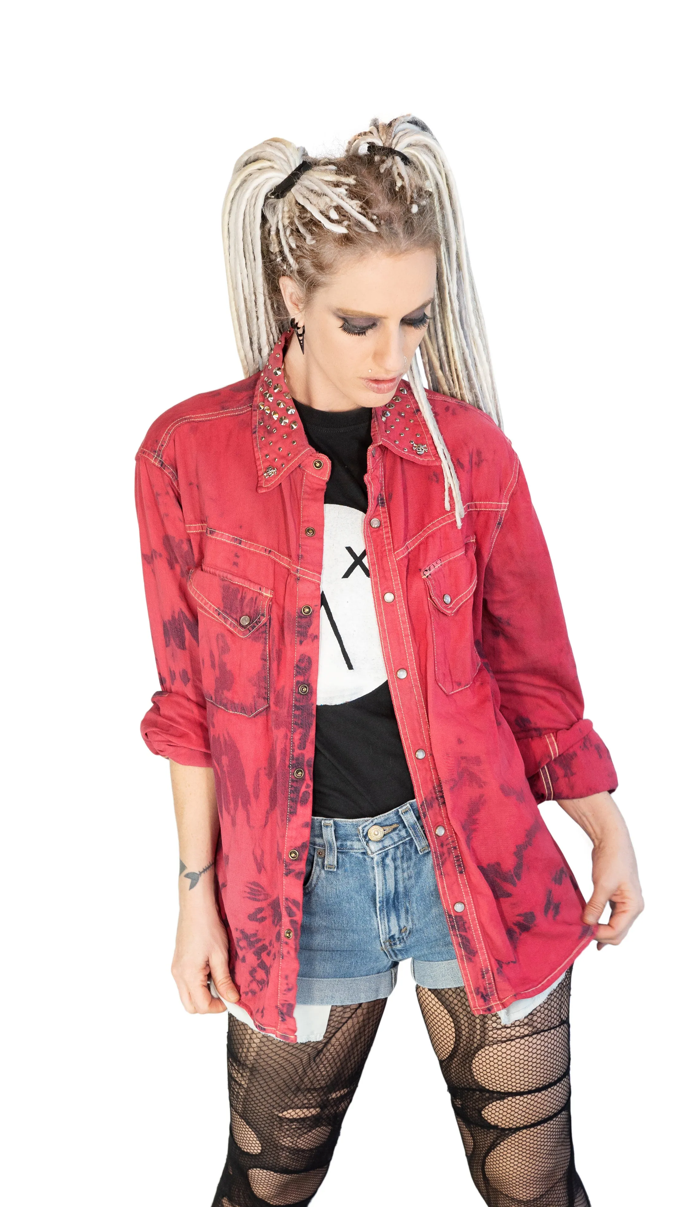 Red tie dye studded denim shirt | Size L Unisex