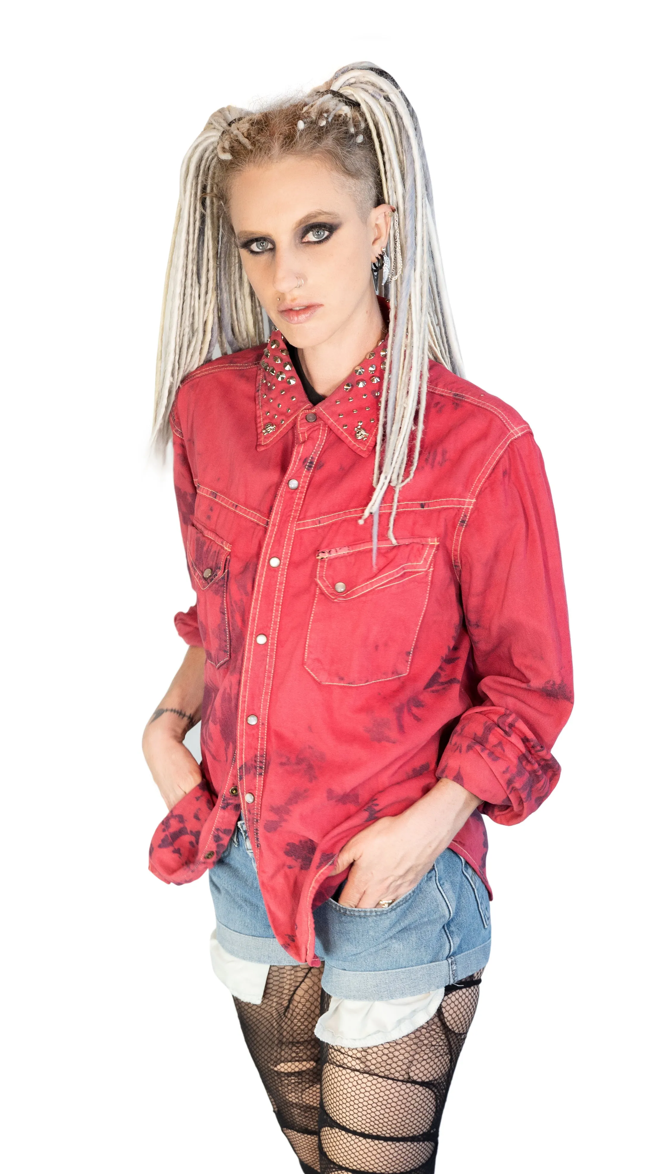 Red tie dye studded denim shirt | Size L Unisex