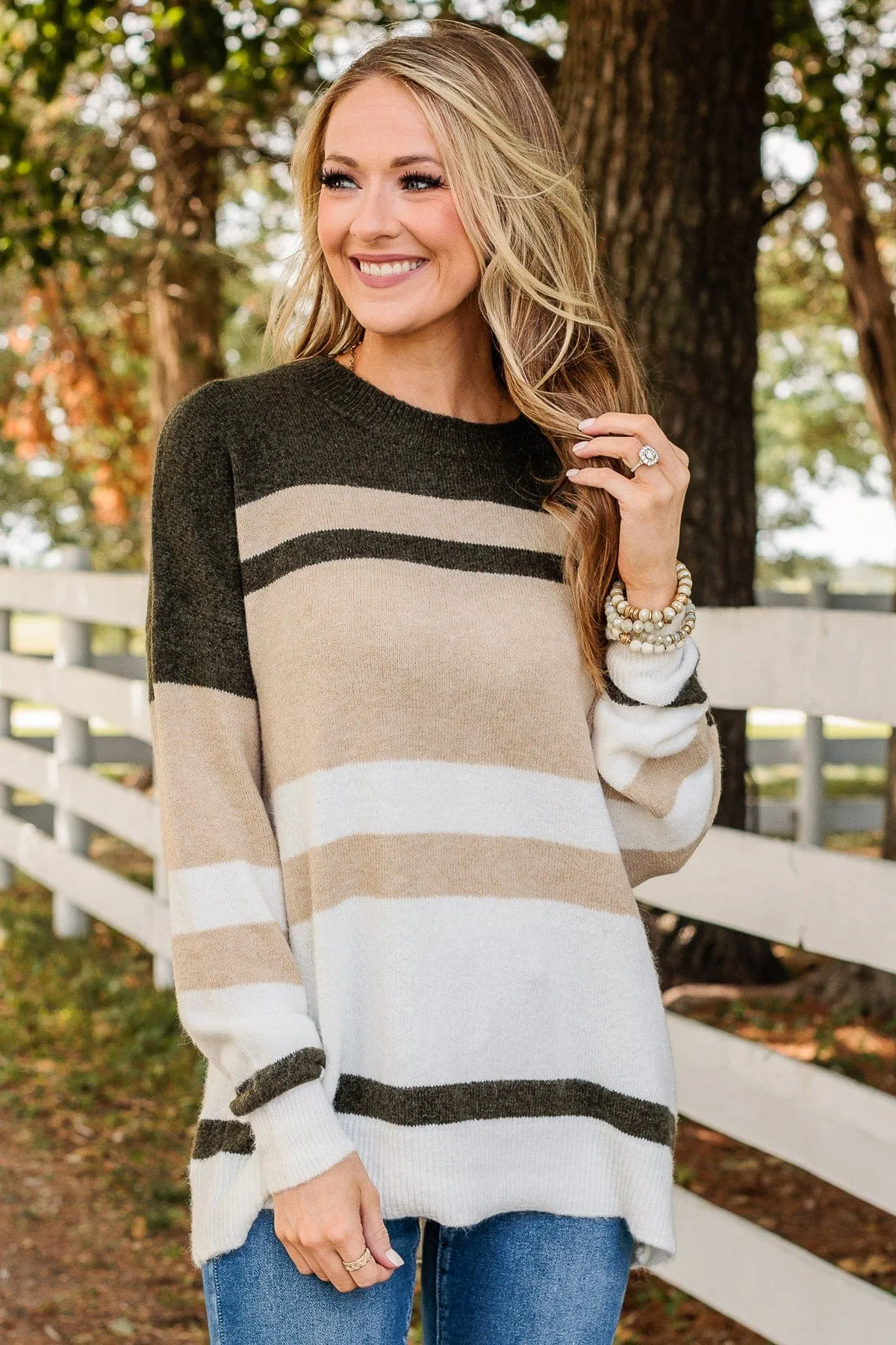 Showering Affections Striped Sweater- Light Taupe & Olive