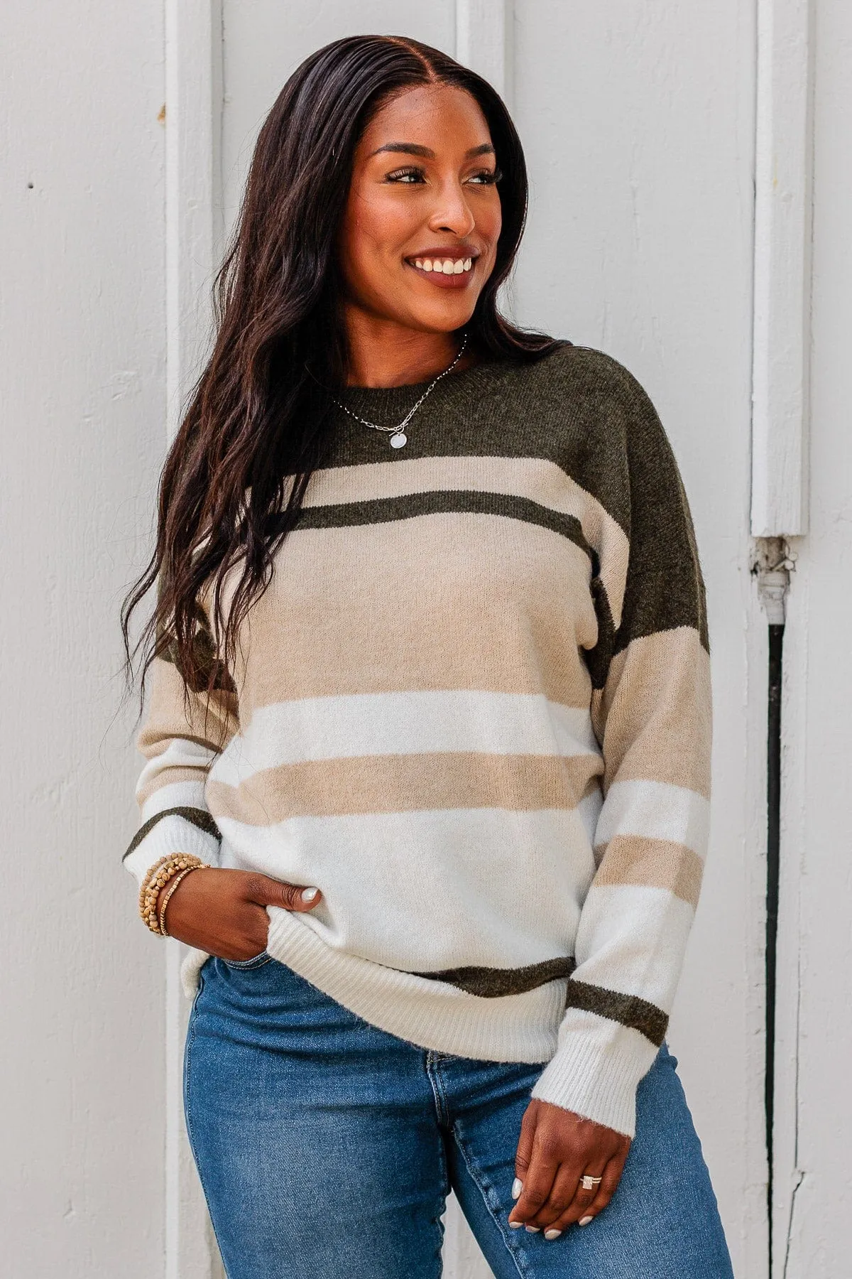 Showering Affections Striped Sweater- Light Taupe & Olive