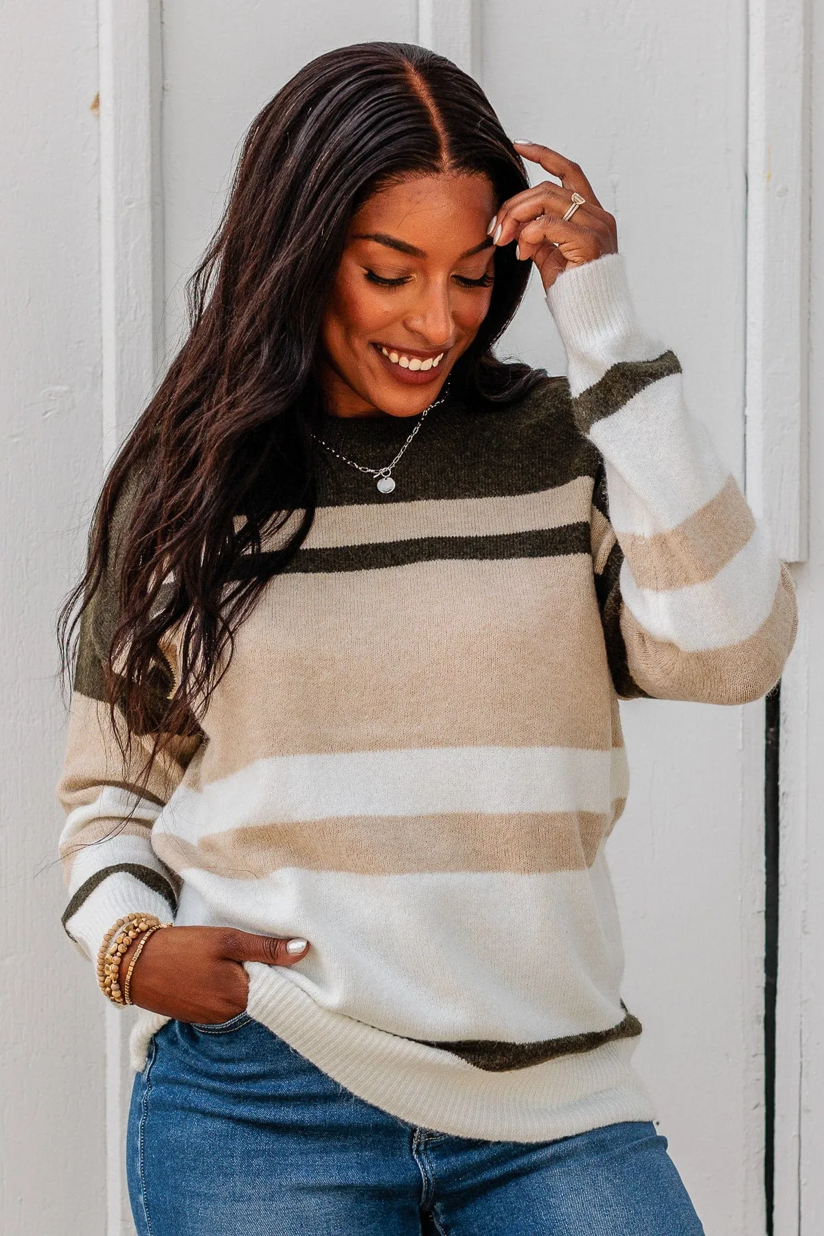 Showering Affections Striped Sweater- Light Taupe & Olive