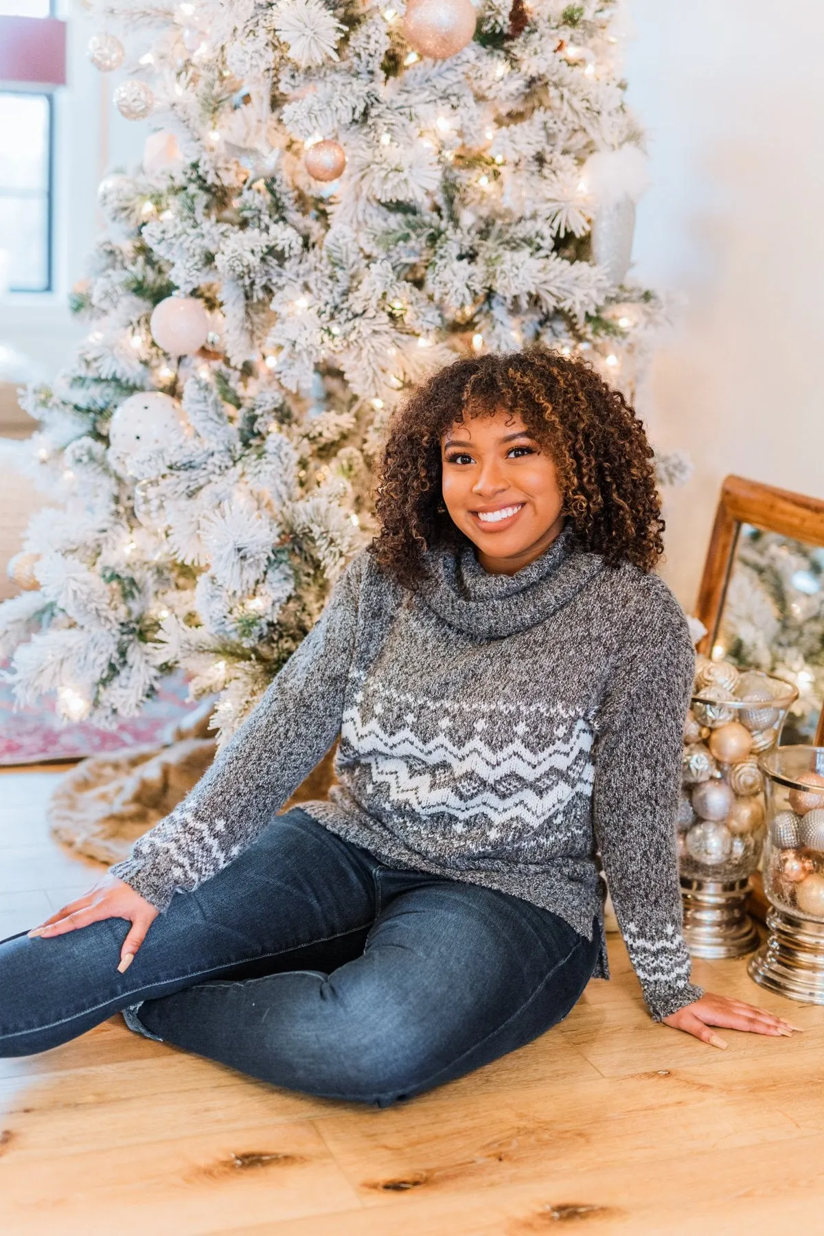 Snowflake Smiles Knit Turtle Neck Sweater- Charcoal