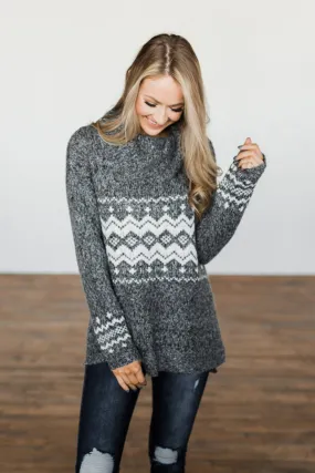 Snowflake Smiles Knit Turtle Neck Sweater- Charcoal