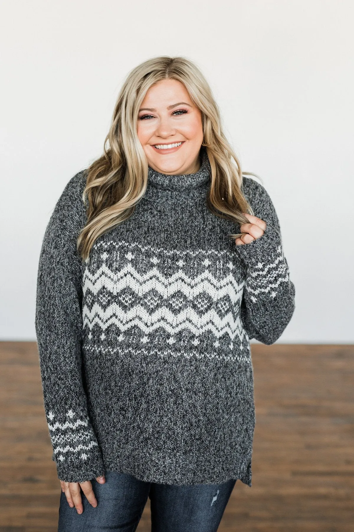 Snowflake Smiles Knit Turtle Neck Sweater- Charcoal