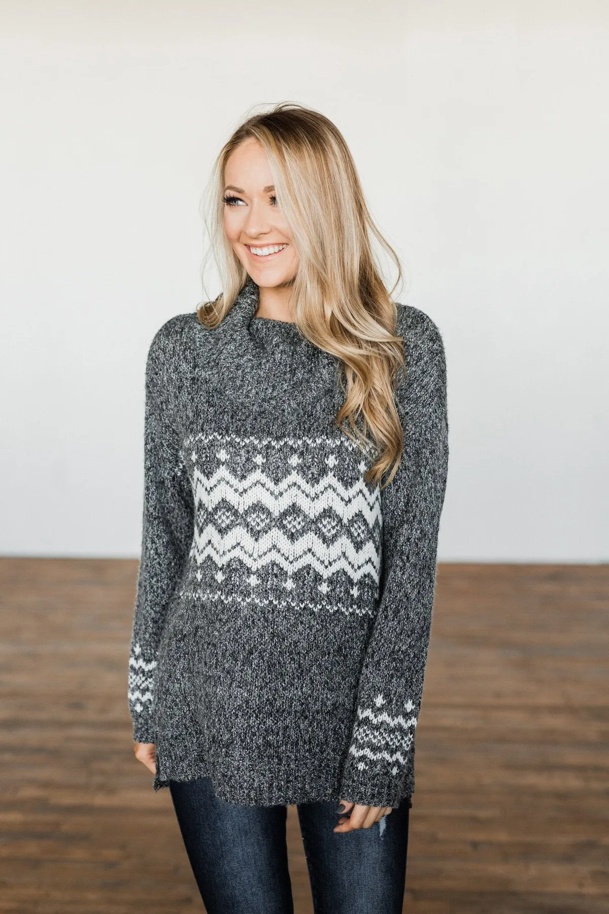 Snowflake Smiles Knit Turtle Neck Sweater- Charcoal