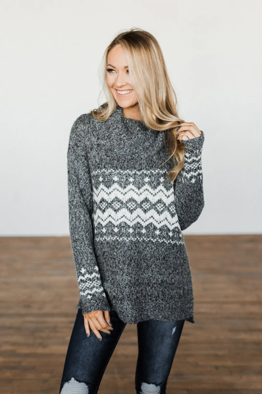 Snowflake Smiles Knit Turtle Neck Sweater- Charcoal