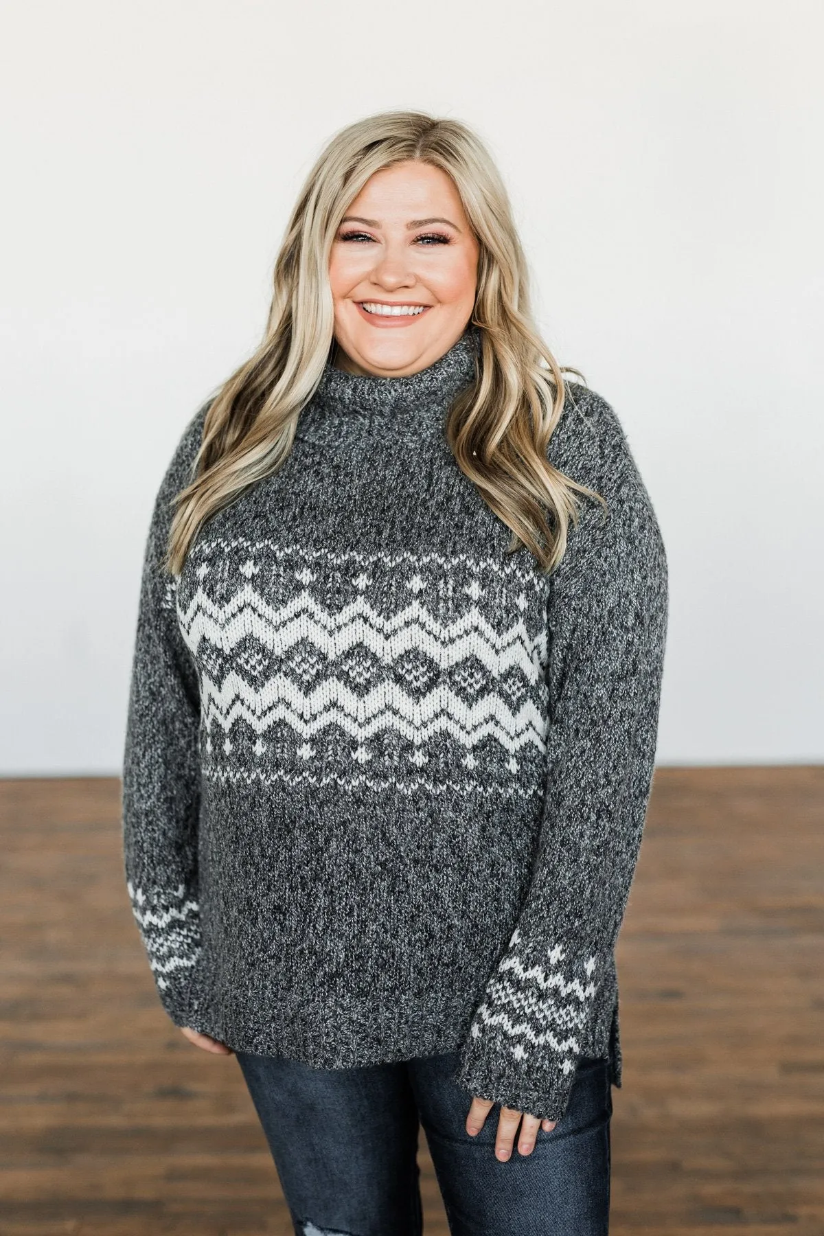 Snowflake Smiles Knit Turtle Neck Sweater- Charcoal