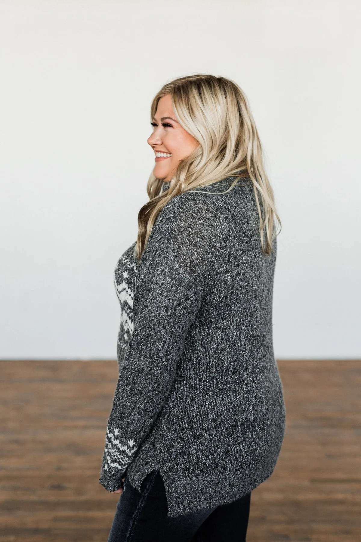 Snowflake Smiles Knit Turtle Neck Sweater- Charcoal