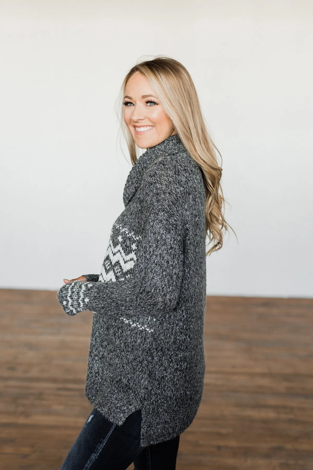 Snowflake Smiles Knit Turtle Neck Sweater- Charcoal