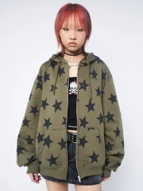 Star Print Green Oversized Zip Up Hoodie