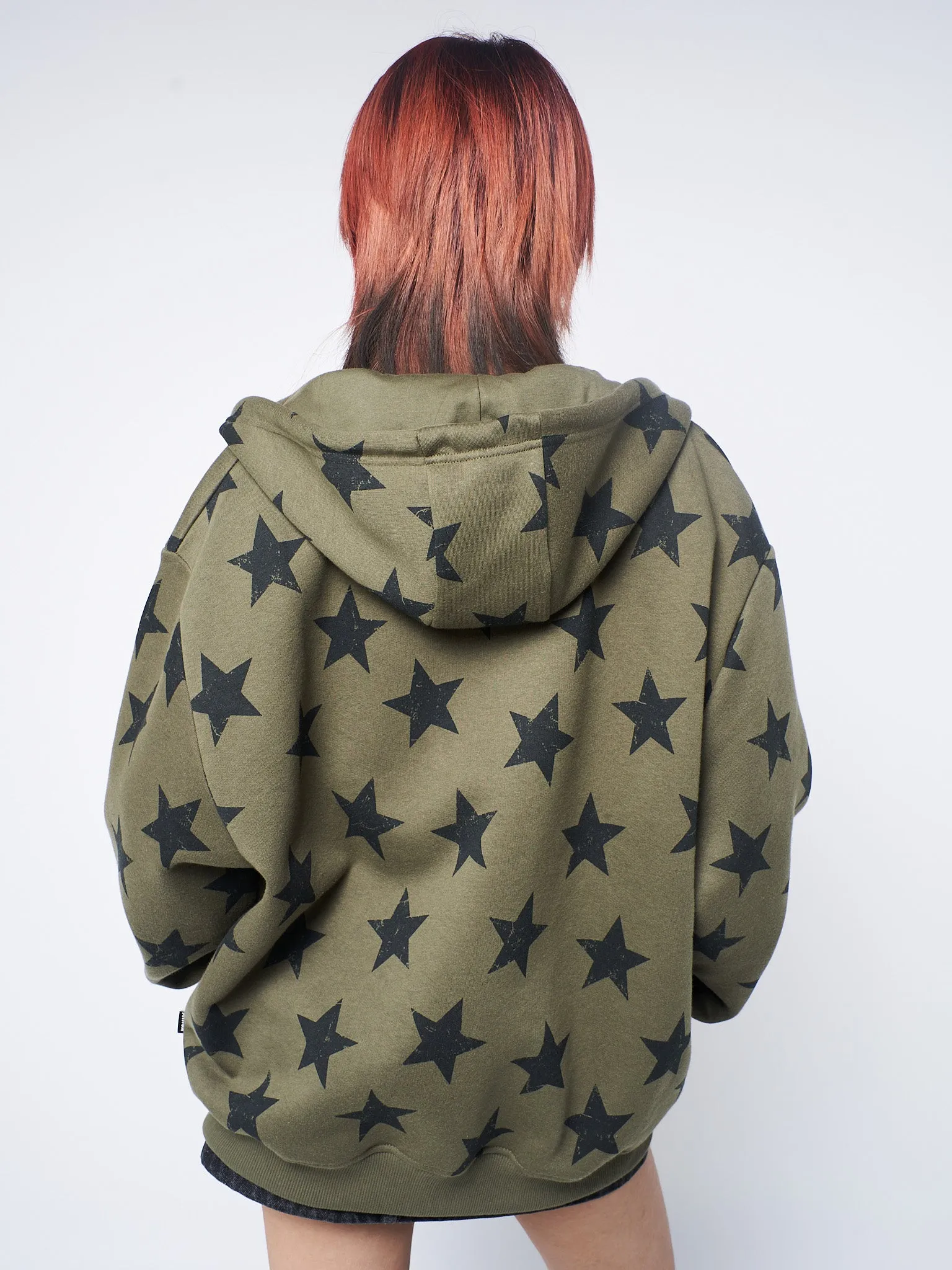 Star Print Green Oversized Zip Up Hoodie