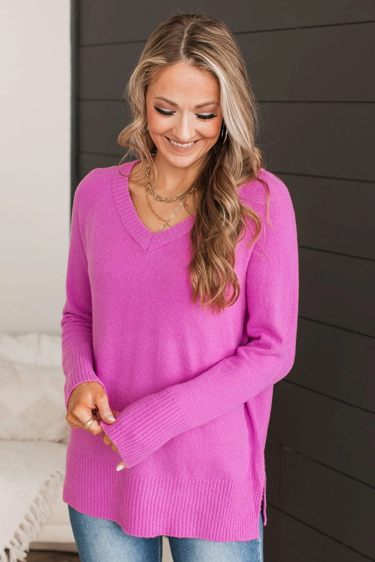 Touch Of Charm V-Neck Sweater- Orchid